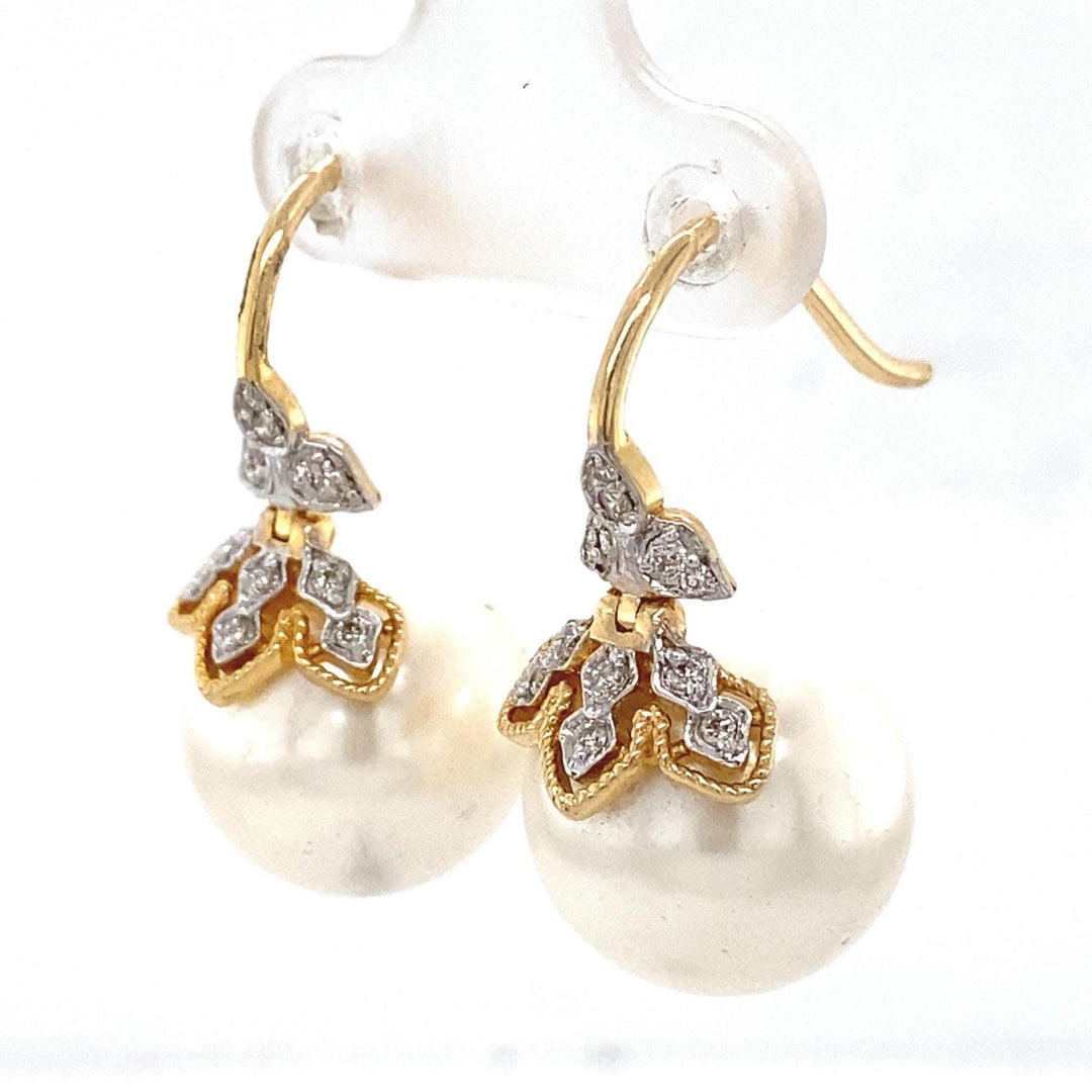 Floral Pearl Drop Diamond Earrings, 14k Solid Gold, Natural Diamonds, Bridal Statement Jewelry, Two Toned Earrings, Minimalistic Earrings