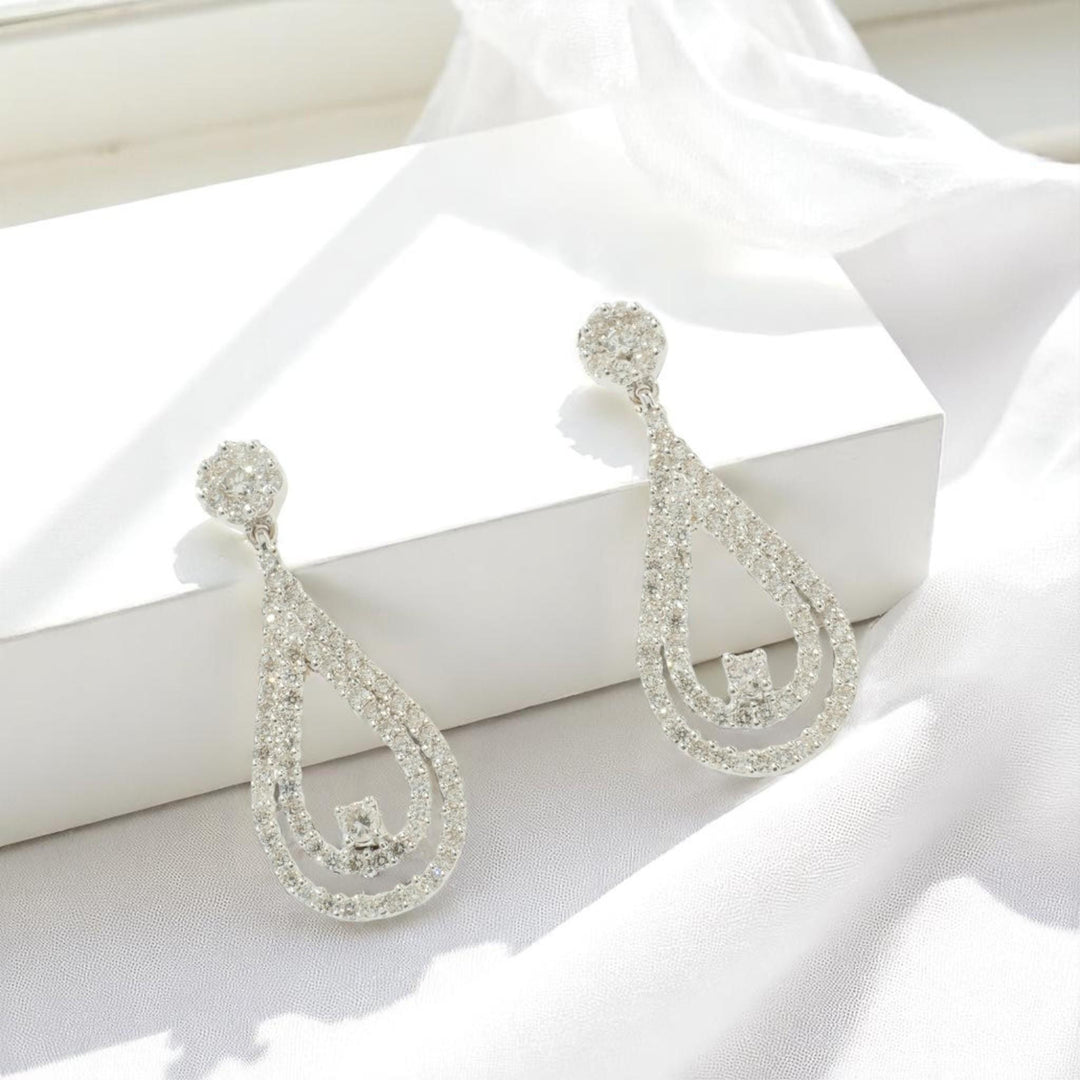 Peardrop Dangle Diamond Earrings, 14k Solid Gold, Natural Diamonds, Double Halo Bridal Jewelry, Solitaire  Drop Danglers, Statement Earrings
