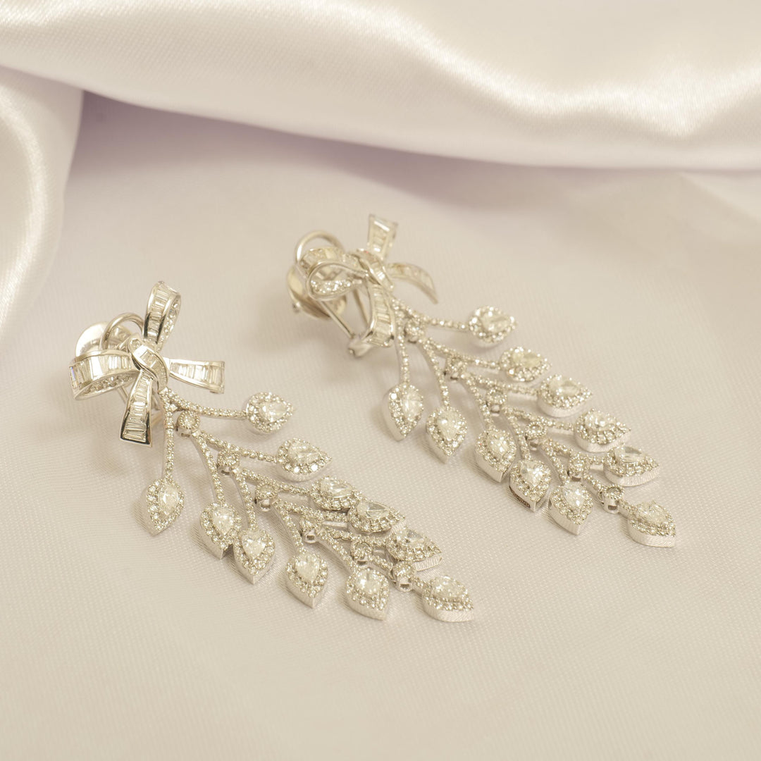 Bow Leaf Diamond Dangle Earrings, 14k Solid Gold, Natural Diamonds, Cocktail Drop Earrings, Bridal Statement Earrings, Baguette Vine Drops