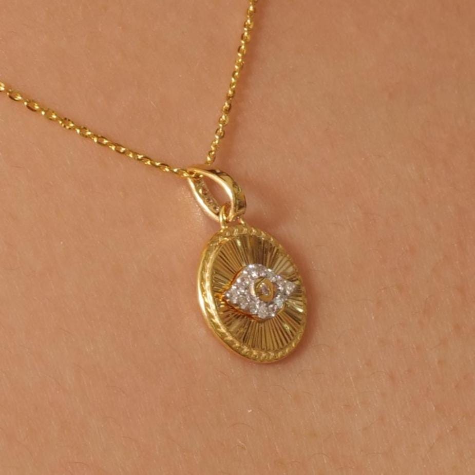 Evil Eye Medallion Diamond Necklace, 14k Solid Gold, Natural Diamonds, Everyday Layering Pendant, Protection Charm Necklace, Ready To Ship