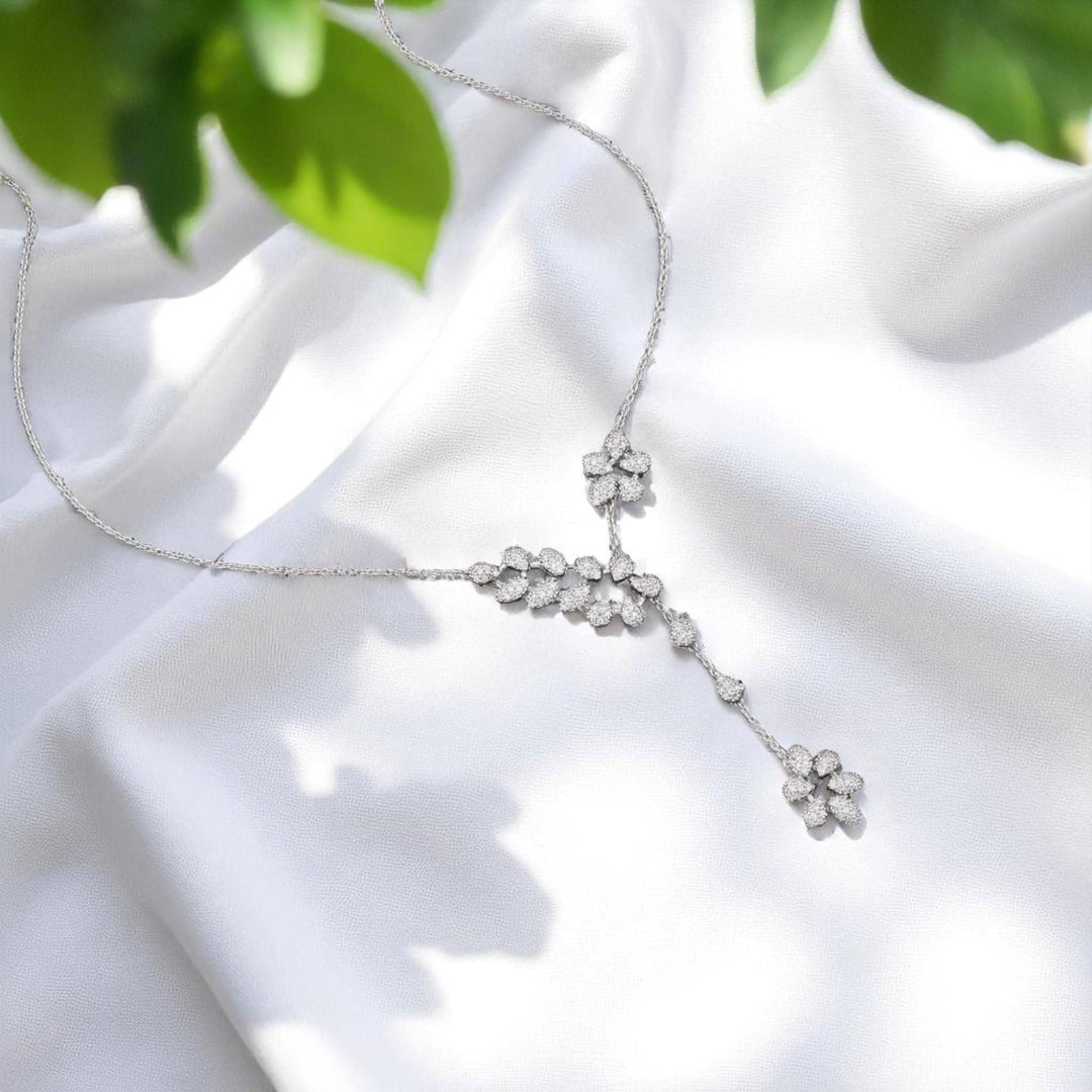 Floral Y-Drop Diamond Necklace, 14k Solid Gold, Natural Diamonds, Asymmetrical Flower Pear Shape Jewelry, Bridal Statement Necklace