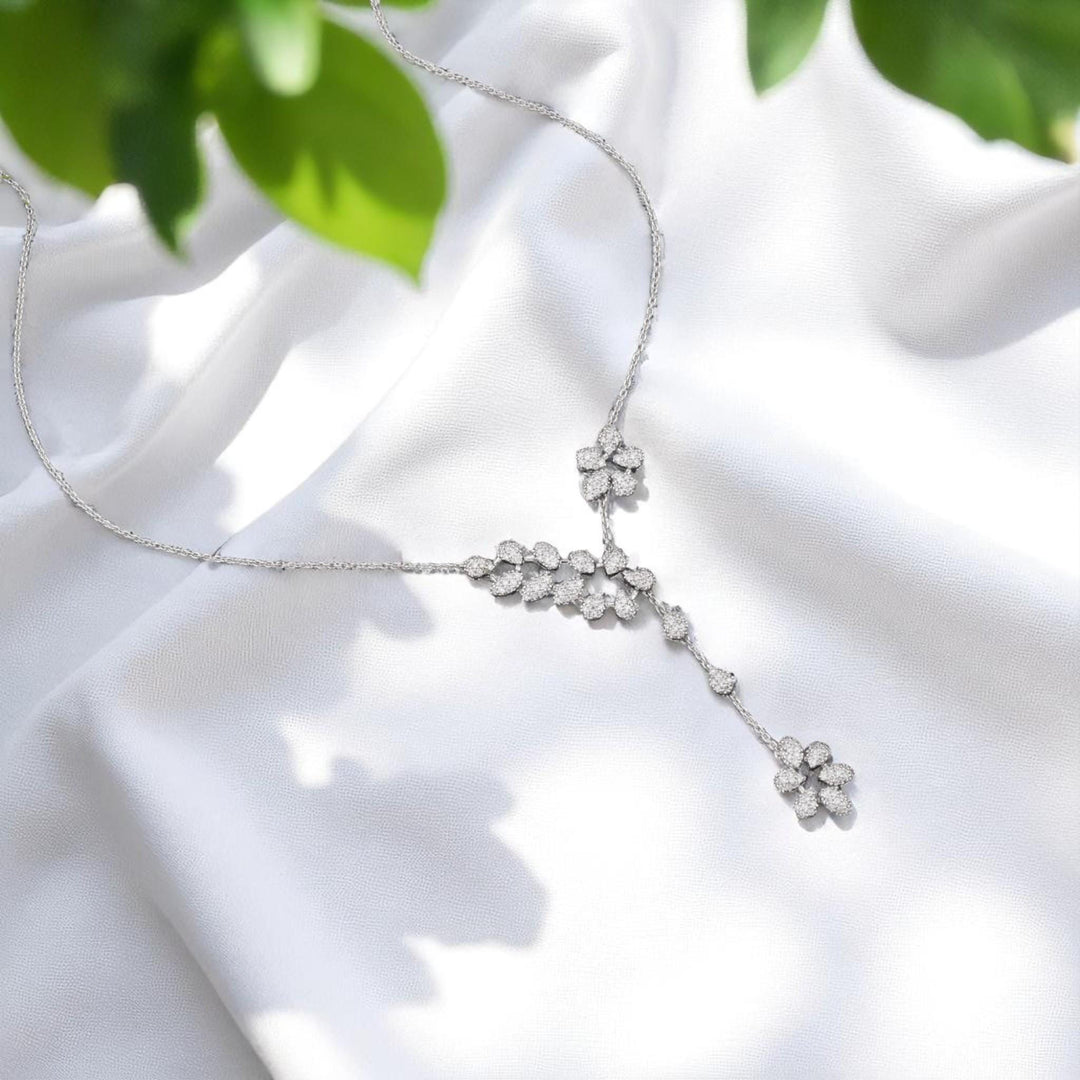 Floral Y-Drop Diamond Necklace, 14k Solid Gold, Natural Diamonds, Asymmetrical Flower Pear Shape Jewelry, Bridal Statement Necklace