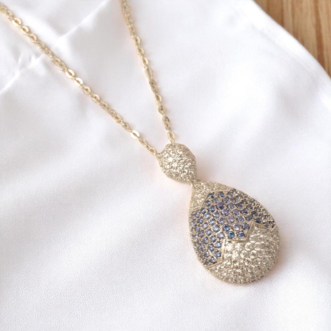 RainDrop Diamond Necklace, 14k Solid Gold, Natural Diamond, Blue Sapphire Gemstone Pendant, Statement Pendant, Cocktail Iced Out Jewelry