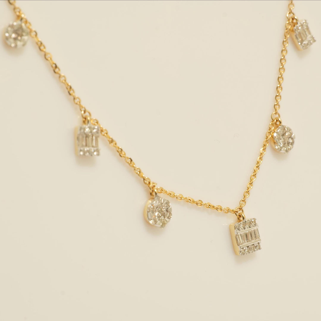 Dangling Diamond Station Necklace, 14k Solid Gold, Natural Diamond, Illusion Set Necklace, Baguette Round Jewelry, Minimalist Layering Chain