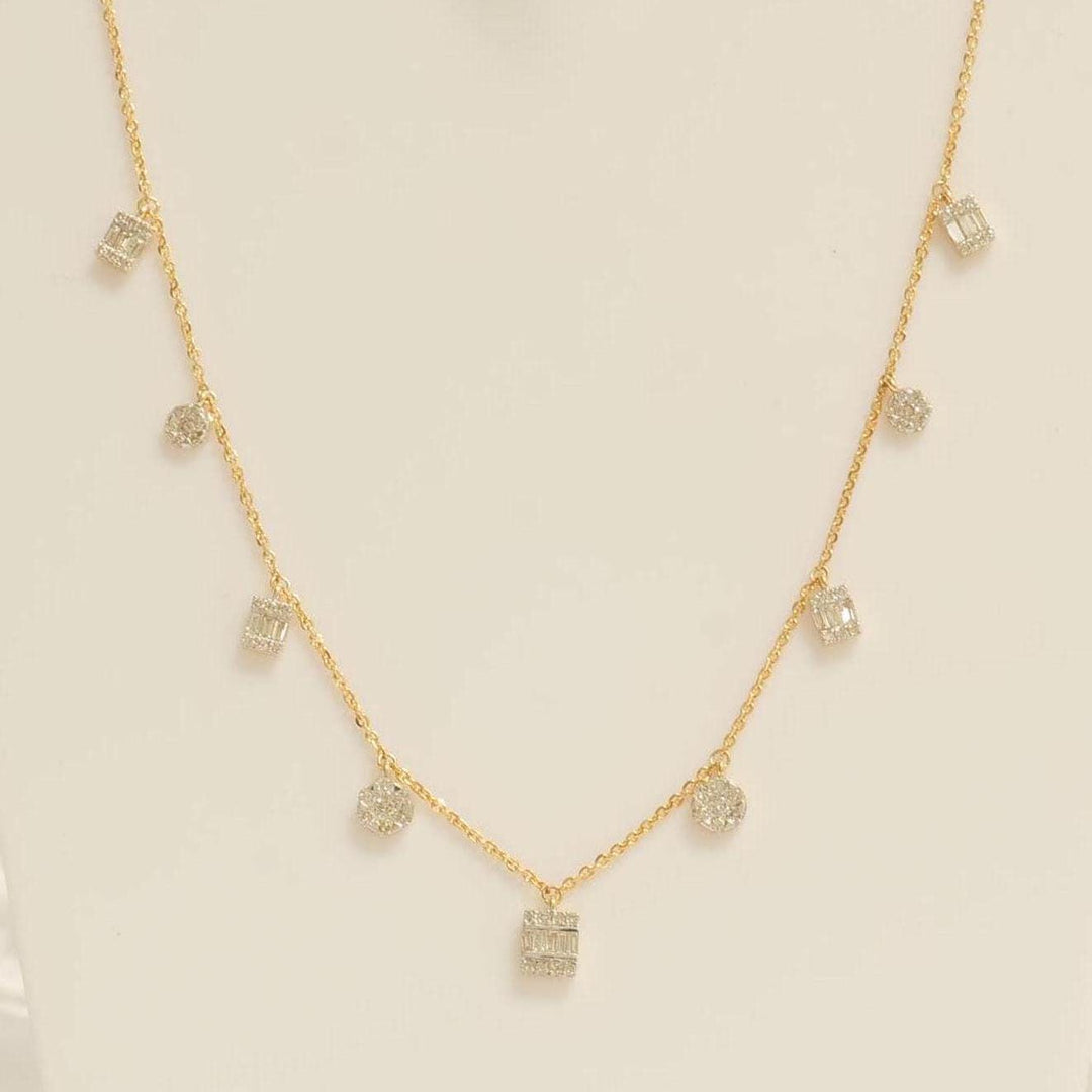Dangling Diamond Station Necklace, 14k Solid Gold, Natural Diamond, Illusion Set Necklace, Baguette Round Jewelry, Minimalist Layering Chain