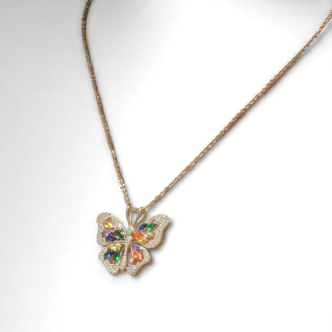 Butterfly Diamond Necklace, 14k Solid Gold, Natural Diamonds, Multicolor Gemstone Stacking Pendant, Statement  Animal Chain Necklace