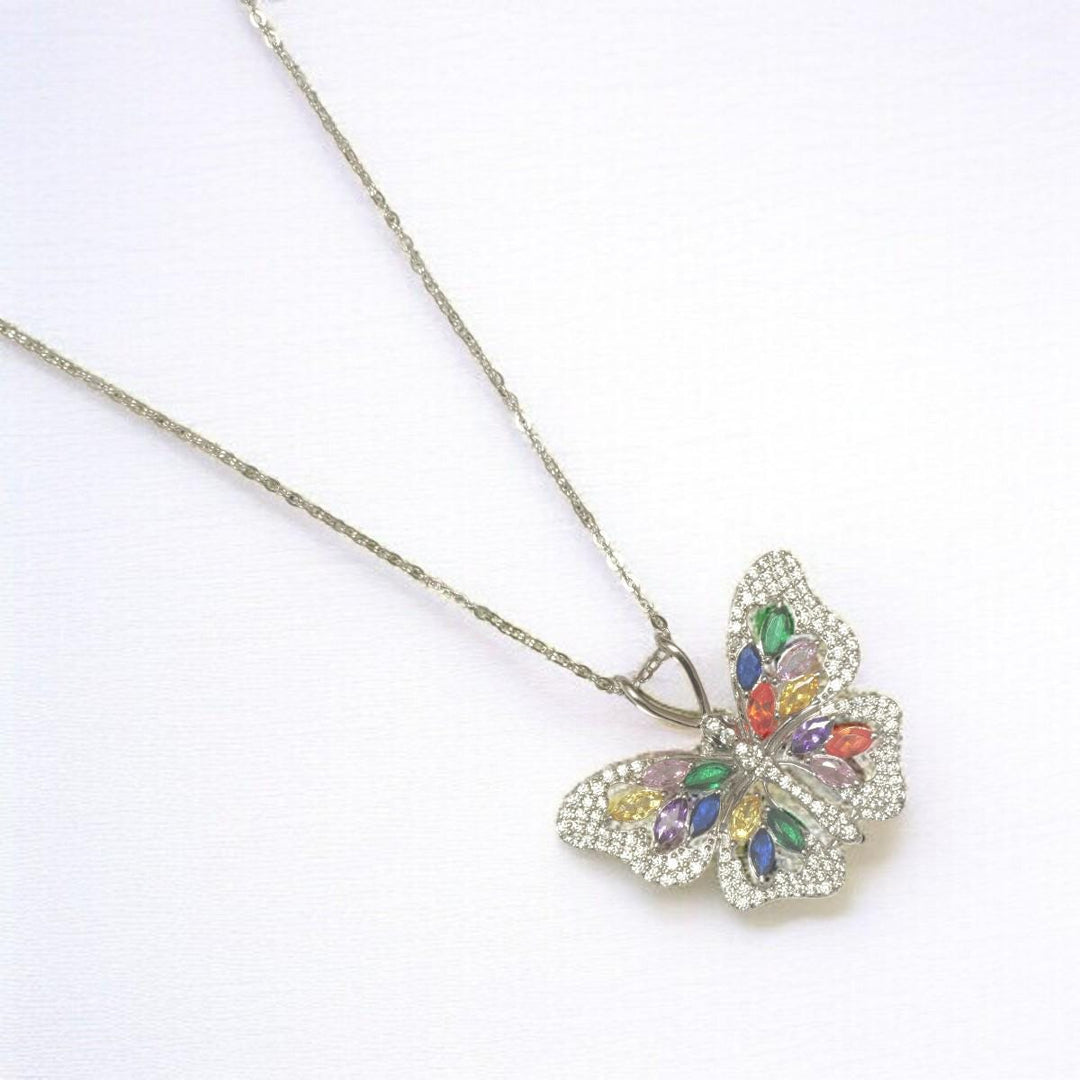 Butterfly Diamond Necklace, 14k Solid Gold, Natural Diamonds, Multicolor Gemstone Stacking Pendant, Statement  Animal Chain Necklace