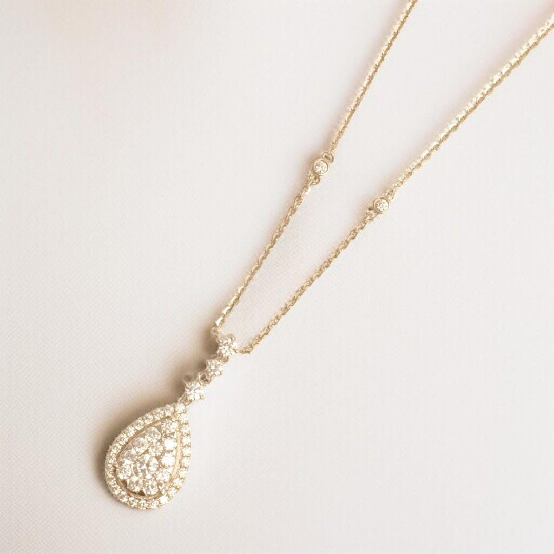 Halo Teardrop Diamond Necklace, 14k Solid Gold, Natural Diamonds, Cluster Set Bridal Chain Pendant, Minimalist Stacking Jewelry