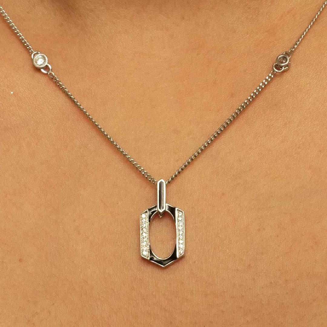 Hexagonal Enamel Diamond Pendant Necklace, 14k Solid Gold, Natural Diamonds, Geometric Stacking Station Chain Pendant, Minimalist Jewelry