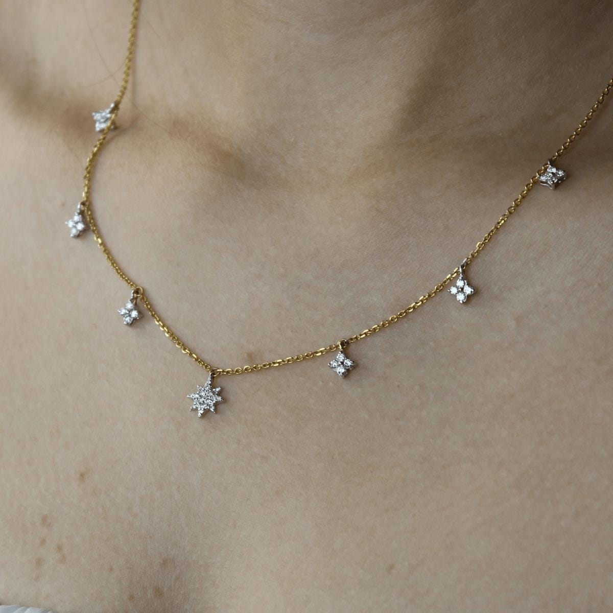 Starburst Diamond Station Necklace, 14k Solid Gold, Natural Diamonds, Stacking Minimalist Necklace, Dangling Charm Jewelry, Everyday Wear