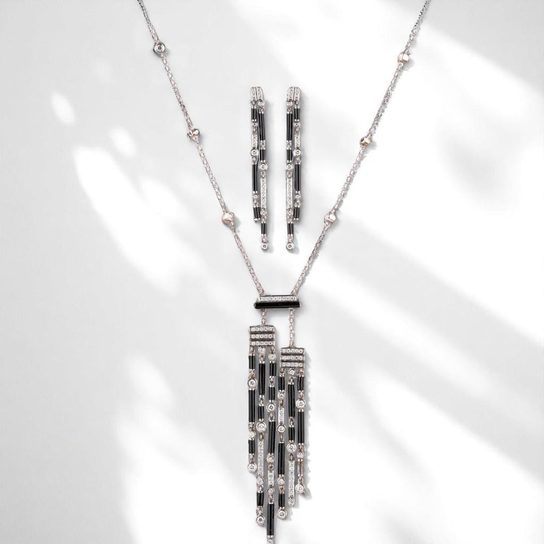 Art Deco Diamond Tassel Necklace With Earrings, 14k Solid Gold, Natural Diamonds, Black Onyx Gemstone Pendant, Cocktail Statement Jewelry