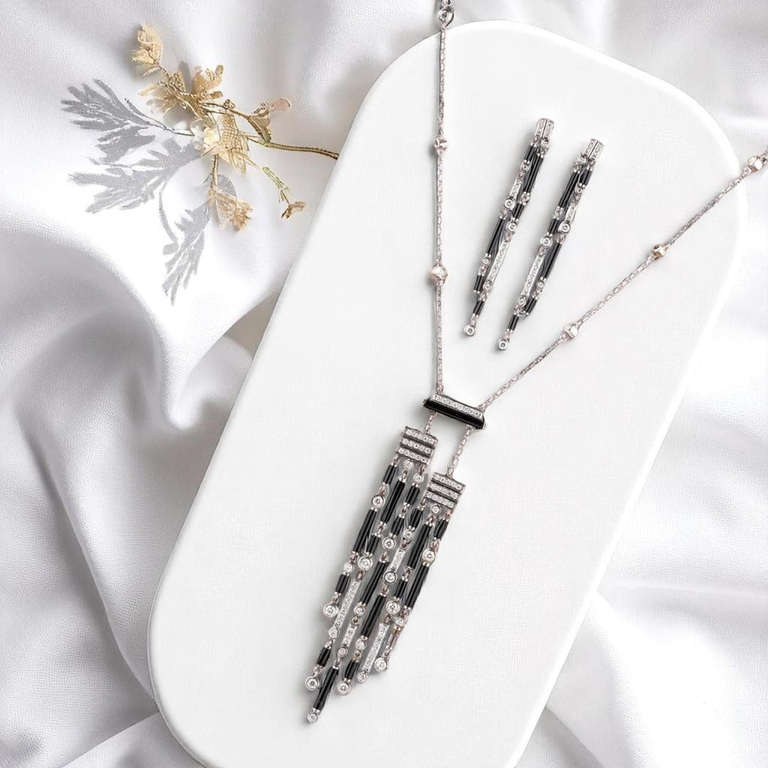 Art Deco Diamond Tassel Necklace With Earrings, 14k Solid Gold, Natural Diamonds, Black Onyx Gemstone Pendant, Cocktail Statement Jewelry
