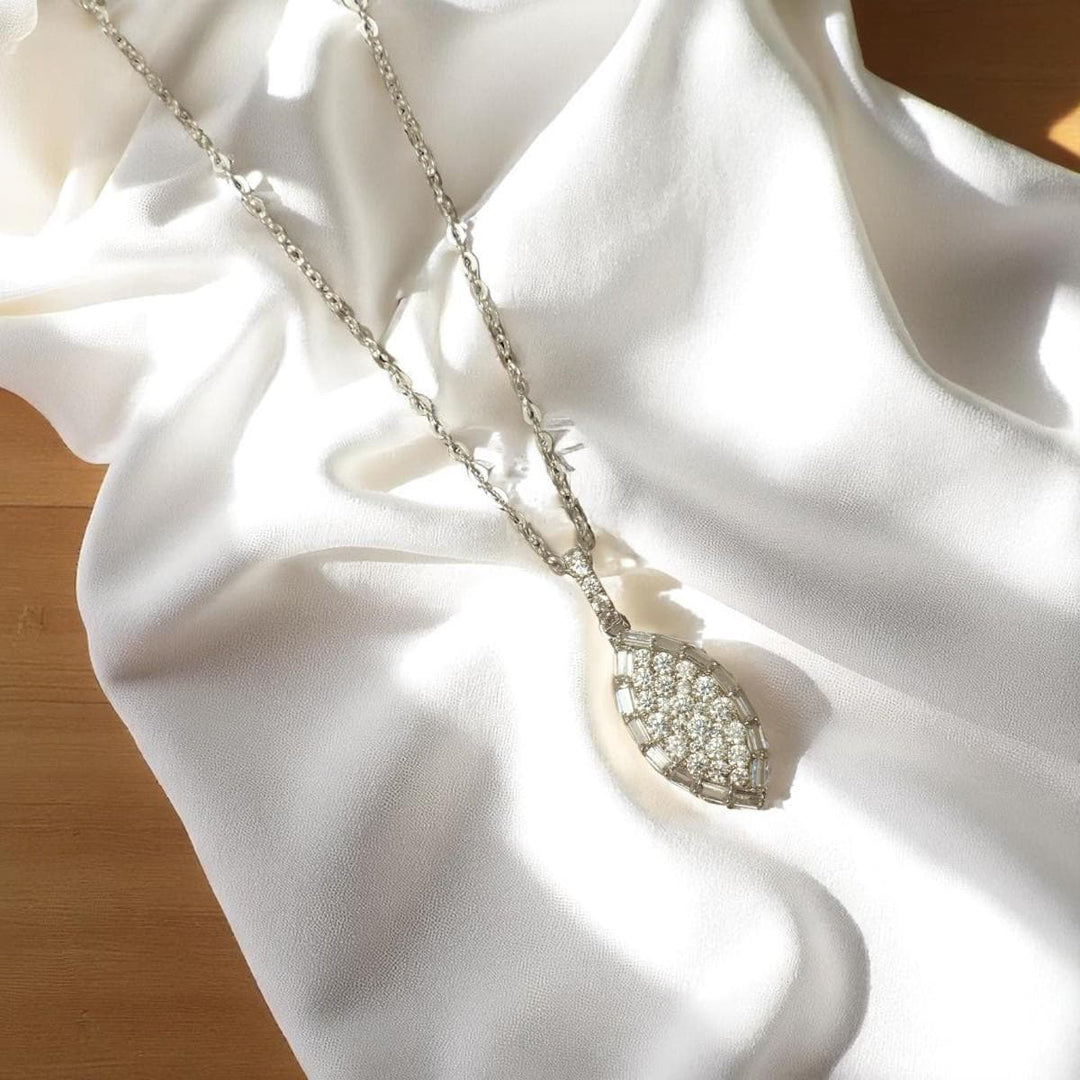 Eye Shape Diamond Pendant Necklace, 14k Solid Gold, Natural Diamonds, Baguette Cluster Stacking Chain Jewelry, Minimalist Layering Necklace