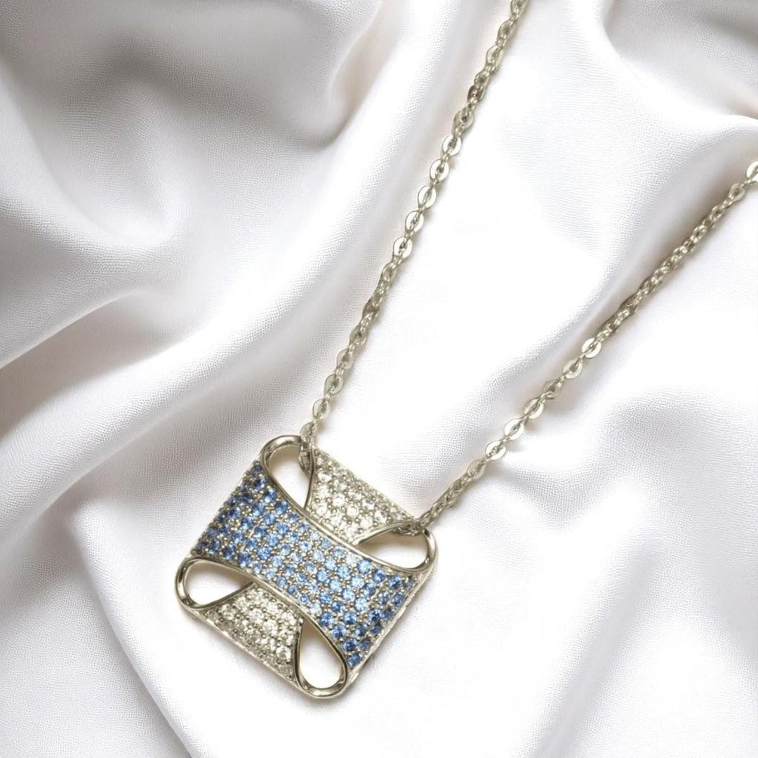 Square Blue Sapphire Diamond Pendant Necklace,  14k Solid Gold, Natural Diamonds, Pave Gemstone Cocktail Pendant, Minimalist Stacking Chain