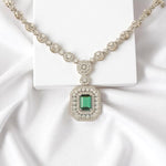 Load image into Gallery viewer, Halo Emerald Diamond Necklace, 14k Solid Gold, Natural Diamonds, Gemstone Bridal Art Deco Jewelry, Statement Wedding Neckalce
