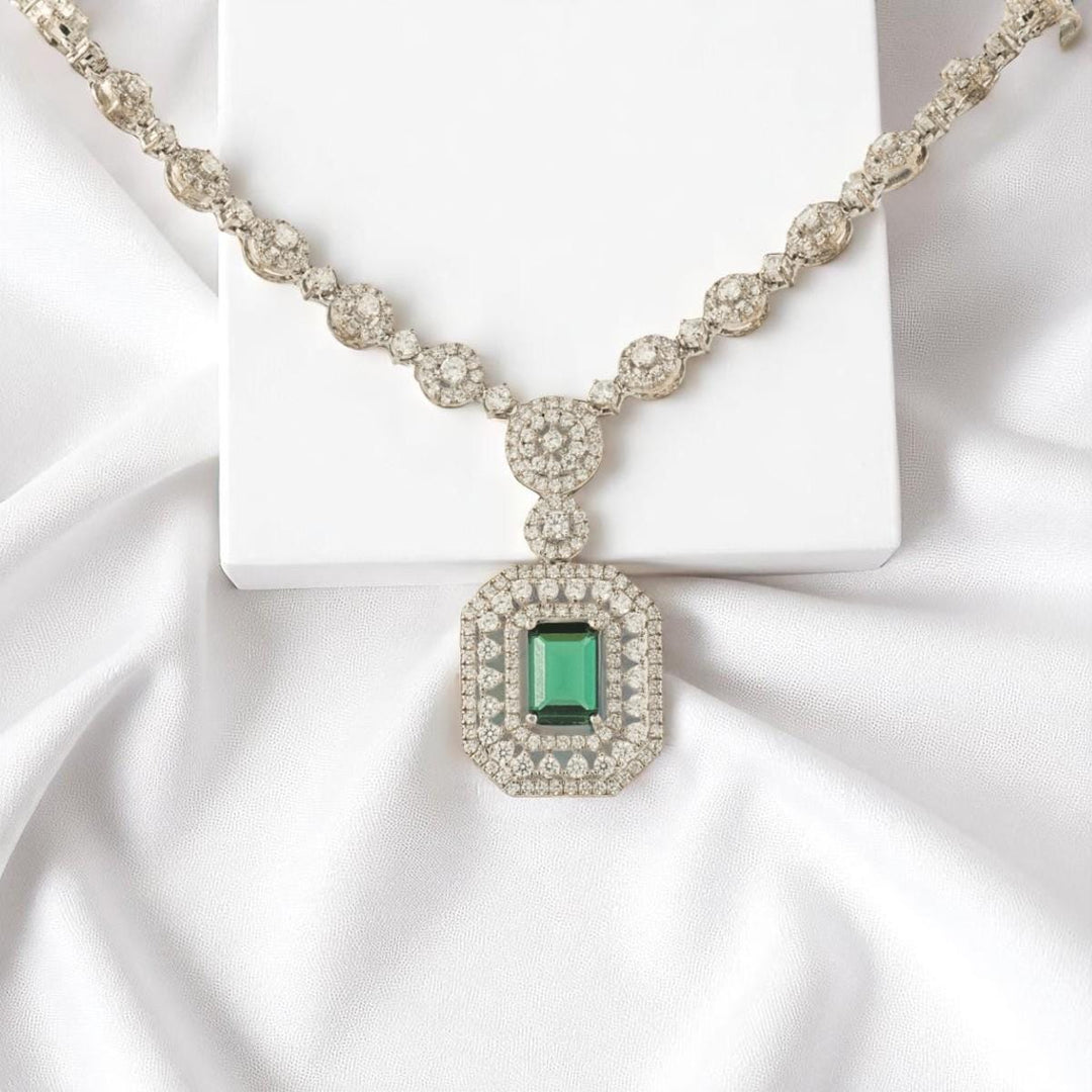 Halo Emerald Diamond Necklace, 14k Solid Gold, Natural Diamonds, Gemstone Bridal Art Deco Jewelry, Statement Wedding Neckalce