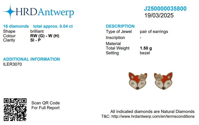 Fox  Diamond Kids Studs Earrings, 14k Solid Gold, Natural Diamonds, Enamel Animal Jewelry,  Everyday jewelry, Ready To Ship, HRD Certified