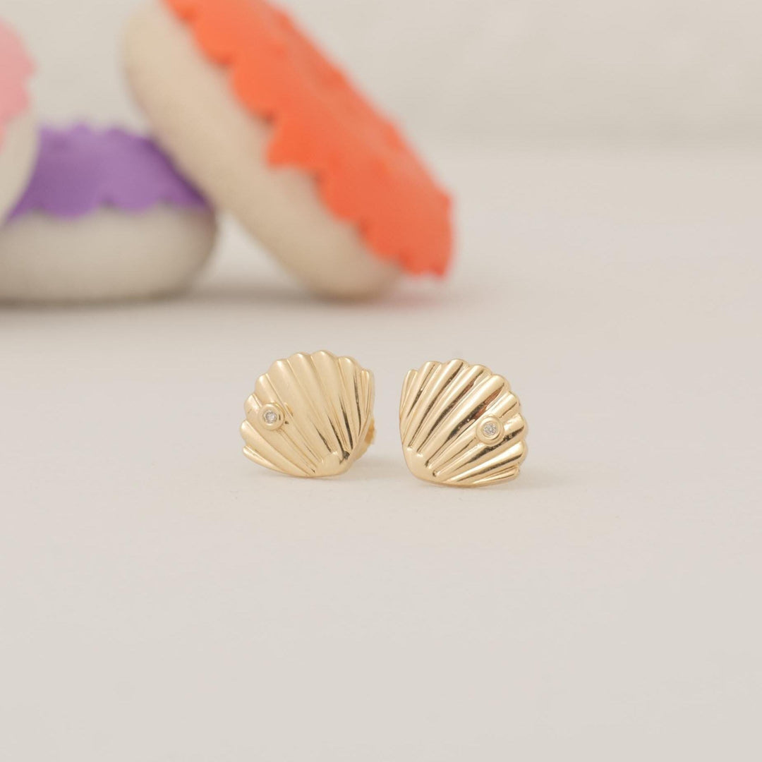 Seashell Diamond Kids Earrings, 14k Solid Gold, Natural Diamond, Minimalistic Everyday Studs, Ocean Jewelry, Gift for toddlers, girl and kid