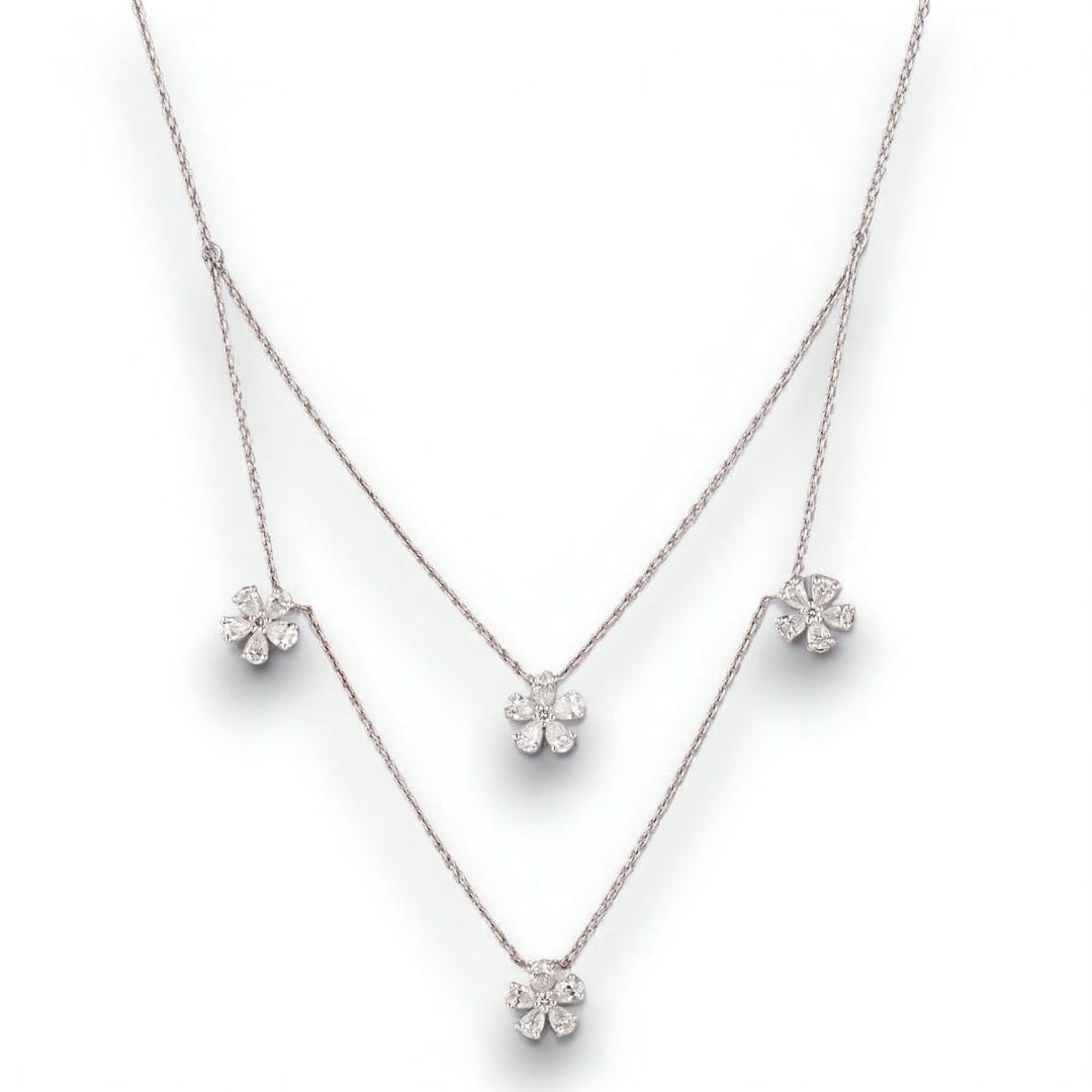 Layered Floral Diamond Necklace, 14k Solid Gold, Natural Diamonds, Floral Petal Setting Jewelry, Double Chain Necklace, Statement Jewelry