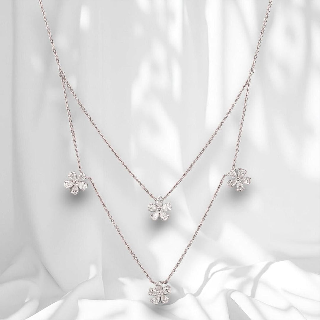 Layered Floral Diamond Necklace, 14k Solid Gold, Natural Diamonds, Floral Petal Setting Jewelry, Double Chain Necklace, Staement Jewelry