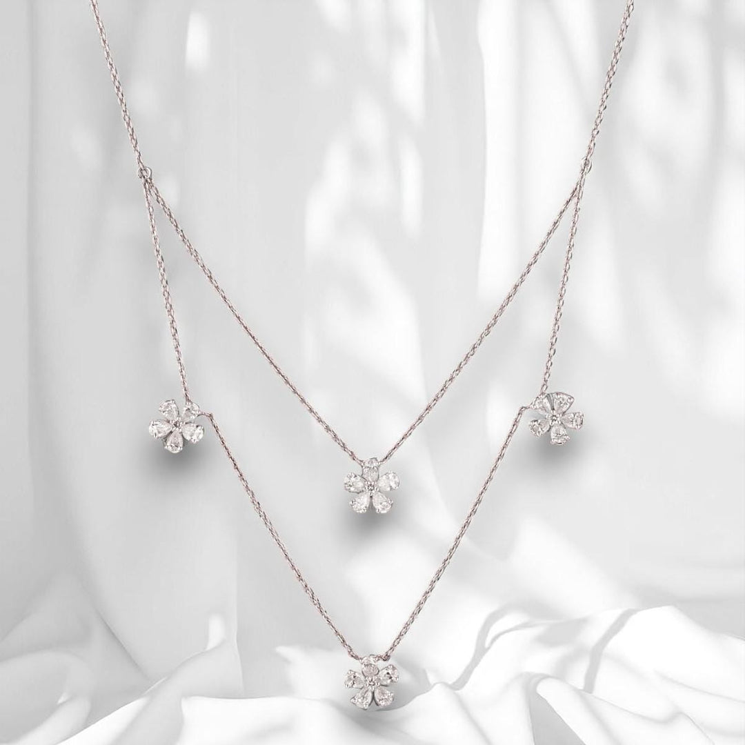 Layered Floral Diamond Necklace, 14k Solid Gold, Natural Diamonds, Floral Petal Setting Jewelry, Double Chain Necklace, Statement Jewelry