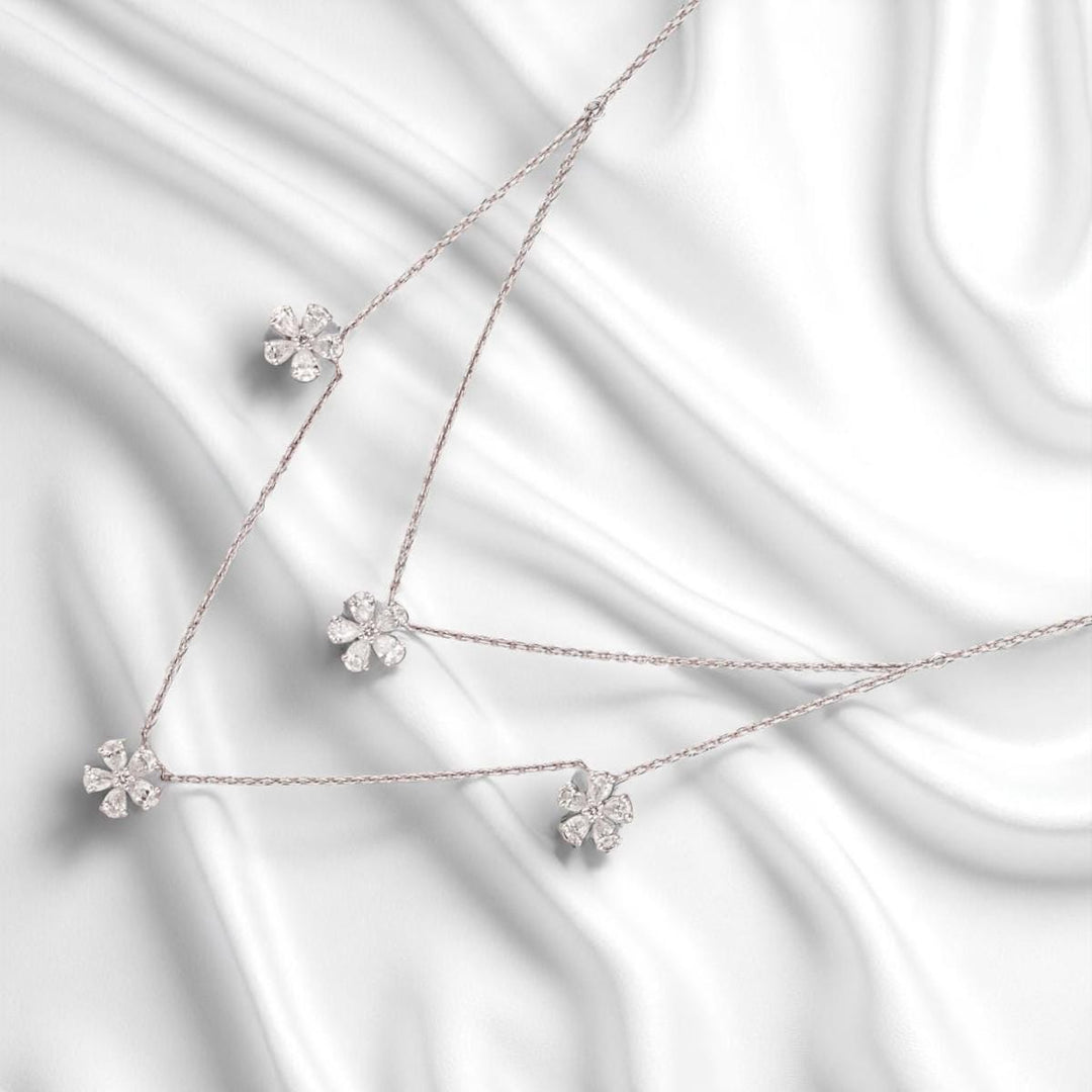 Layered Floral Diamond Necklace, 14k Solid Gold, Natural Diamonds, Floral Petal Setting Jewelry, Double Chain Necklace, Statement Jewelry