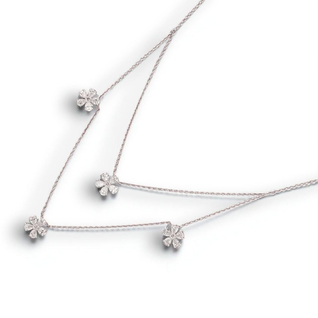 Layered Floral Diamond Necklace, 14k Solid Gold, Natural Diamonds, Floral Petal Setting Jewelry, Double Chain Necklace, Statement Jewelry