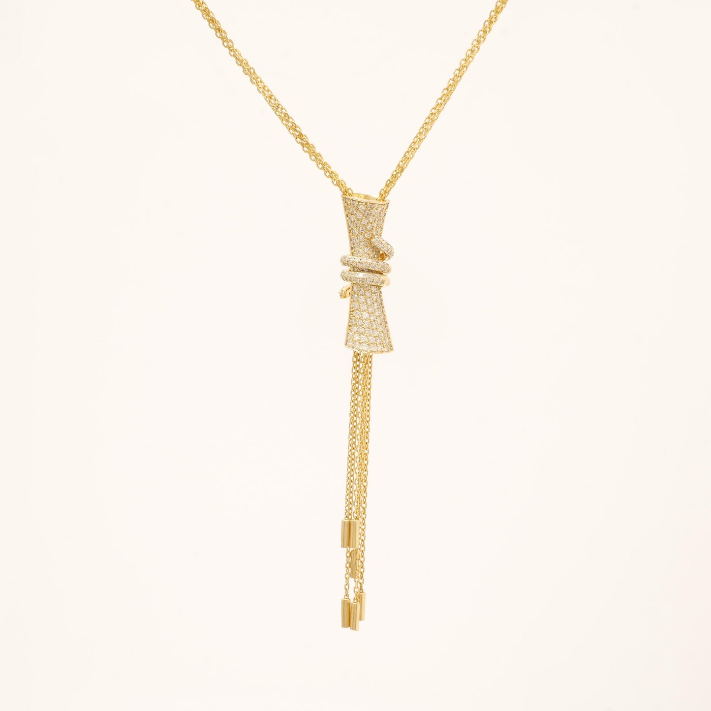 Cylindrical Diamond Charm Necklace with Gold tassels, 14k Solid Gold, Natural Diamonds, Multiple Chain Necklace, Modern Drop Chain Jewelry