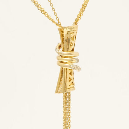 Cylindrical Diamond Charm Necklace with Gold tassels, 14k Solid Gold, Natural Diamonds, Multiple Chain Necklace, Modern Drop Chain Jewelry