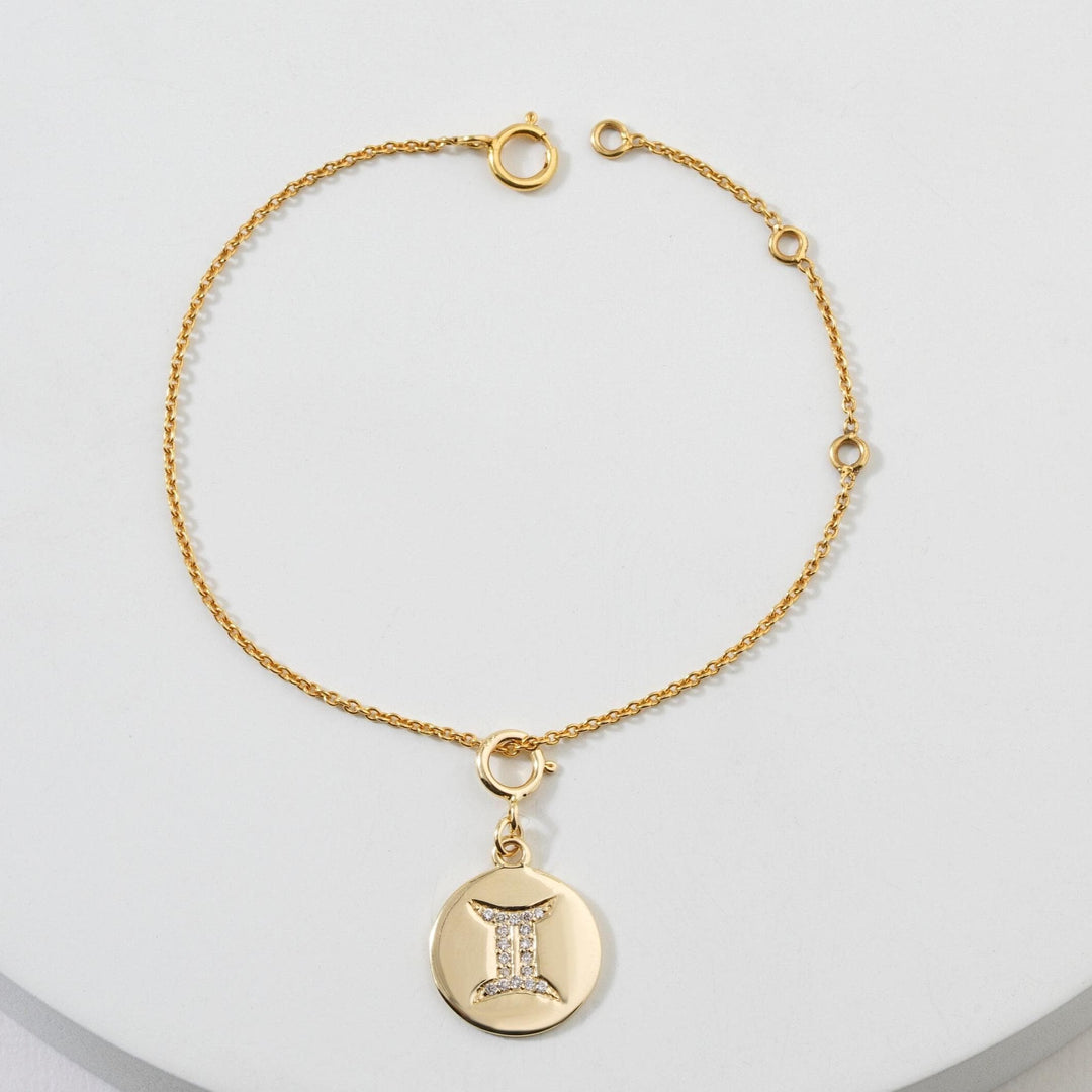 Gemini Horoscope Birth Sign Charm, 14k Solid Gold, Natural Diamonds, Zodiac Constellation Everyday Jewelry, Astrology Gift