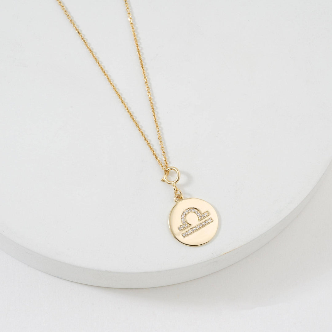 Libra Horoscope Birth Sign Charm, 14k Solid Gold, Natural Diamonds, Zodiac Constellation Everyday Jewelry, Astrology Gift