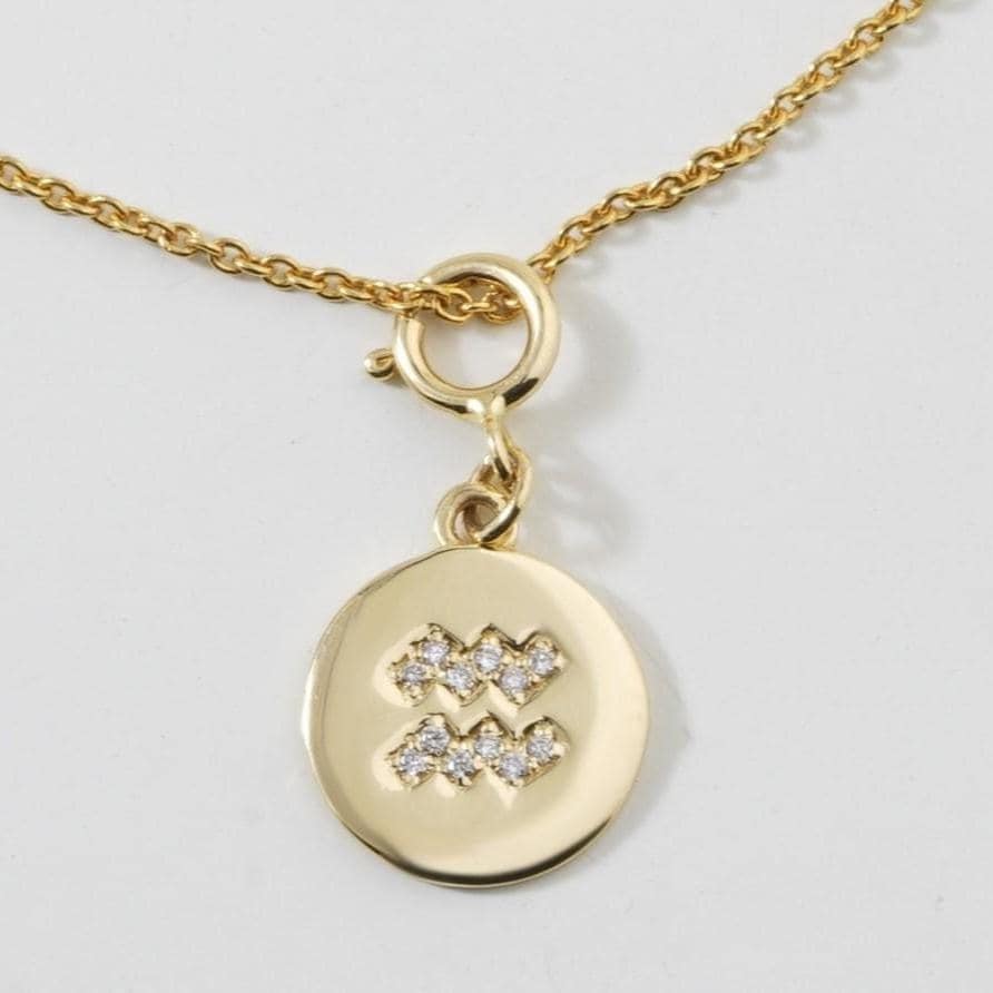 Aquarius Horoscope Birth Sign Charm, 14k Solid Gold, Natural Diamonds, Zodiac Constellation Everyday Jewelry, Astrology Gift