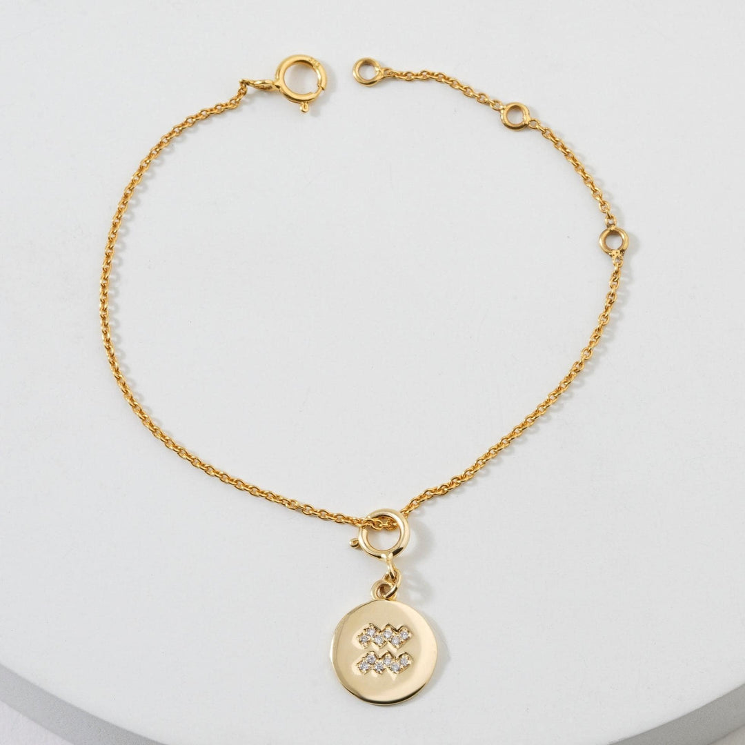 Aquarius Horoscope Birth Sign Charm, 14k Solid Gold, Natural Diamonds, Zodiac Constellation Everyday Jewelry, Astrology Gift