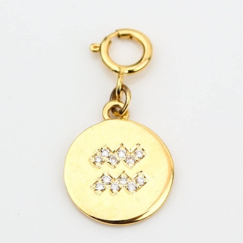 Aquarius Horoscope Birth Sign Charm, 14k Solid Gold, Natural Diamonds, Zodiac Constellation Everyday Jewelry, Astrology Gift