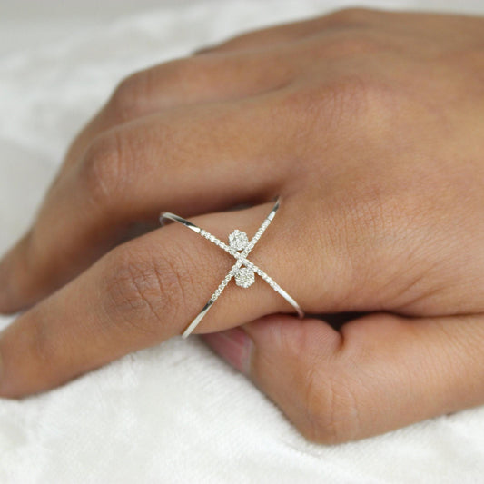 Orbit Diamond Ring, Criss Cross Ring, 14k Solid Gold, Natural Diamonds, Double Band X Ring, Stackable Minimalist Jewelry, Ready To Ship