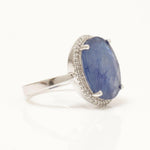Load image into Gallery viewer, Blue Sapphire Diamond Halo Ring, 14k Solid Gold, Natural Diamonds, Gemstone Cabochon Jewelry, Statement Ring, Ready To Ship, HRD Certified
