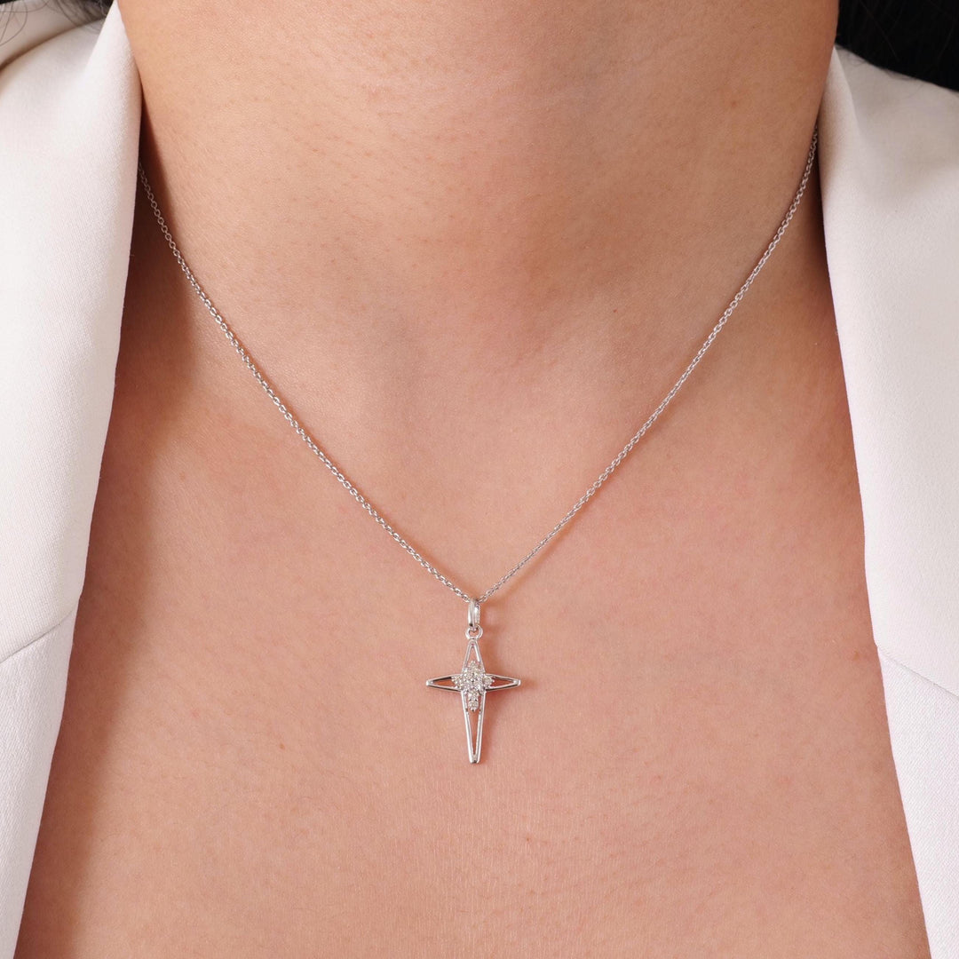 Star Cross Natural Diamond Cluster Pendant: 14k Solid Gold Minimalistic Everyday Jewellery, Certified Jewelry