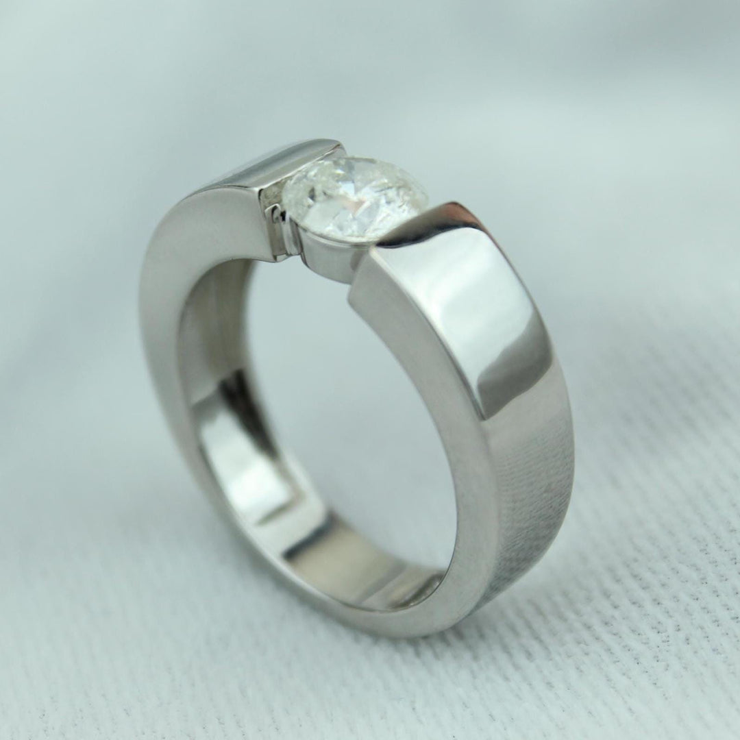 Round Solitaire Tension Set Diamond Men Ring, 14k Solid Gold, Natural Diamonds, Men&#39;s Engagement Ring, Wedding Statement Band, Gift for him