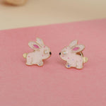 Load image into Gallery viewer, Kids Bunny Diamond Stud Earrings, 14k Solid Gold With Enameling, Natural Diamonds, Kids jewelry, Gift for toddlers/girls/kids, Ready To Ship
