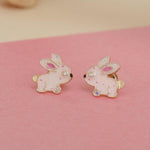 Load image into Gallery viewer, Kids Bunny Diamond Stud Earrings, 14k Solid Gold With Enameling, Natural Diamonds, Kids jewelry, Gift for toddlers/girls/kids, Ready To Ship
