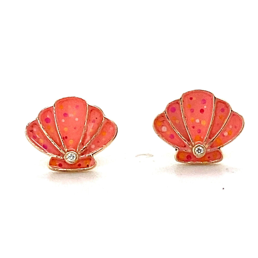 Kids Seashell Diamond Stud Earrings, 14k Solid Gold With Enameling, Natural Diamonds, Kids jewelry, Gift for toddlers/girls