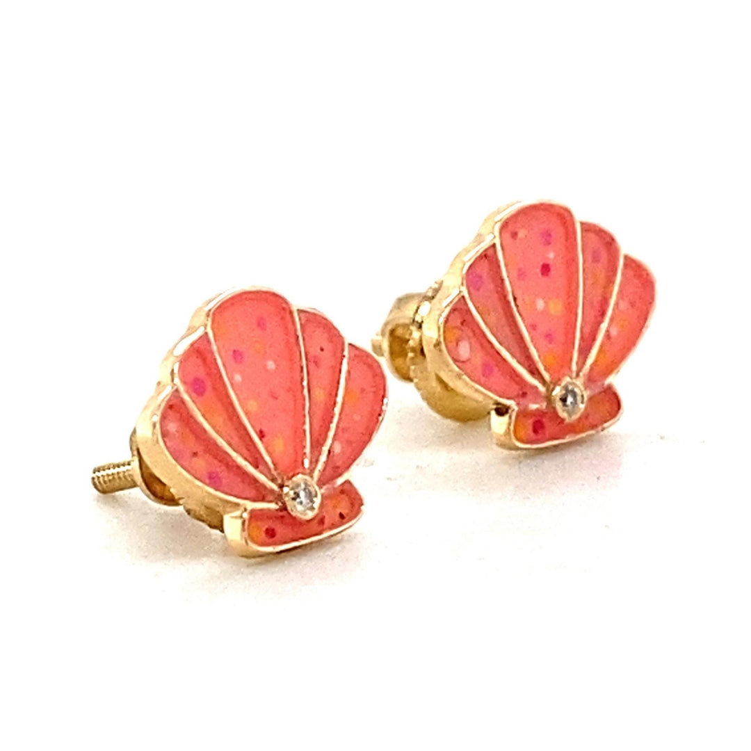 Kids Seashell Diamond Stud Earrings, 14k Solid Gold With Enameling, Natural Diamonds, Kids jewelry, Gift for toddlers/girls