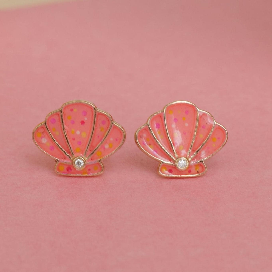 Kids Seashell Diamond Stud Earrings, 14k Solid Gold With Enameling, Natural Diamonds, Kids jewelry, Gift for toddlers/girls