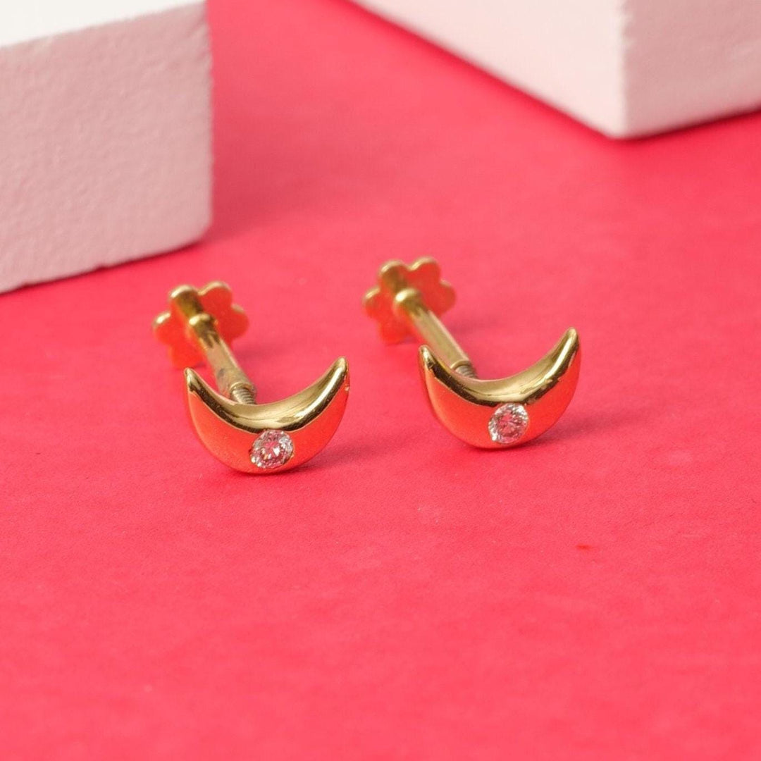 Kids Moon Diamond Stud Earrings, 14k Solid Gold, Natural Diamonds, Kids jewelry, Gift for toddlers/girls/kids, Ready To Ship
