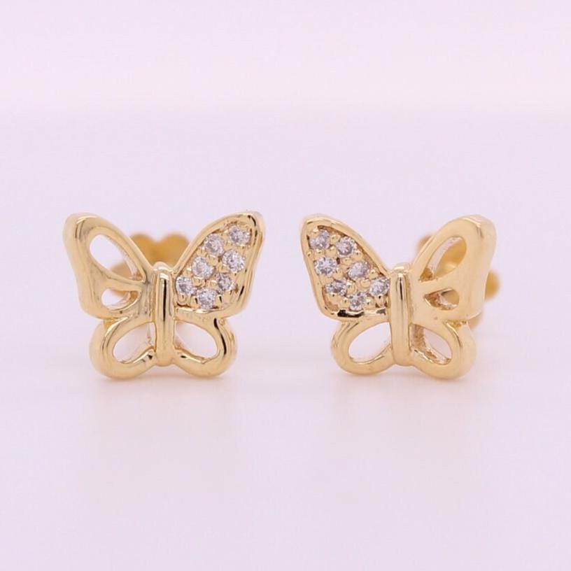 Kids Winged Butterfly Diamond Stud Earrings, 14k Solid Gold, Natural Diamonds, Kids Animal jewelry, Gift for toddlers/girls/kids