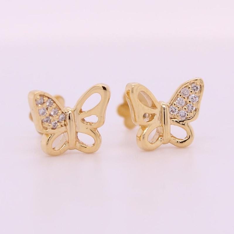 Kids Winged Butterfly Diamond Stud Earrings, 14k Solid Gold, Natural Diamonds, Kids Animal jewelry, Gift for toddlers/girls/kids
