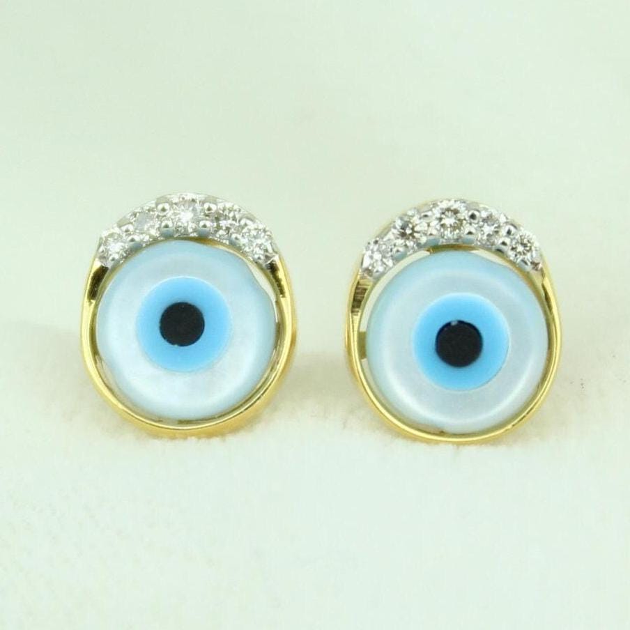 Kids&#39; Evil Eye Diamond Stud Earrings, 14k Solid Gold, Natural Diamonds, Kids Protection Jewelry, Gift for toddlers/girls/kids