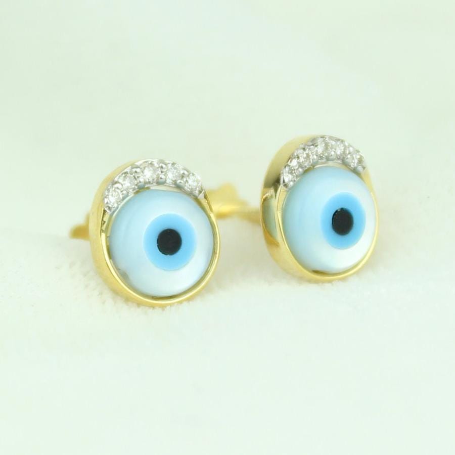 Kids&#39; Evil Eye Diamond Stud Earrings, 14k Solid Gold, Natural Diamonds, Kids Protection Jewelry, Gift for toddlers/girls/kids
