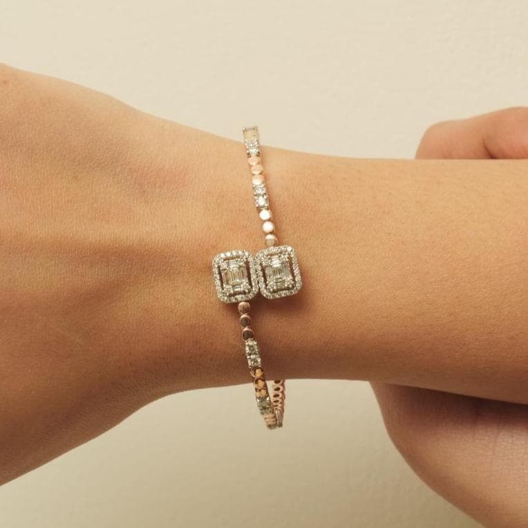 Rectangular Halo Diamond Bracelet, 14k Solid Gold, Natural Diamonds, Open Cuff Illusion Bubble Bracelet, Ready To Ship, IGI Certified