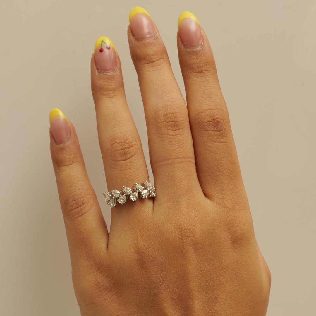 Leaf Diamond Eternity Band Ring, 14k Solid Gold, Pear Natural Diamonds, Statement Cocktail Ring, Ready To Ship, Certified Jewelry